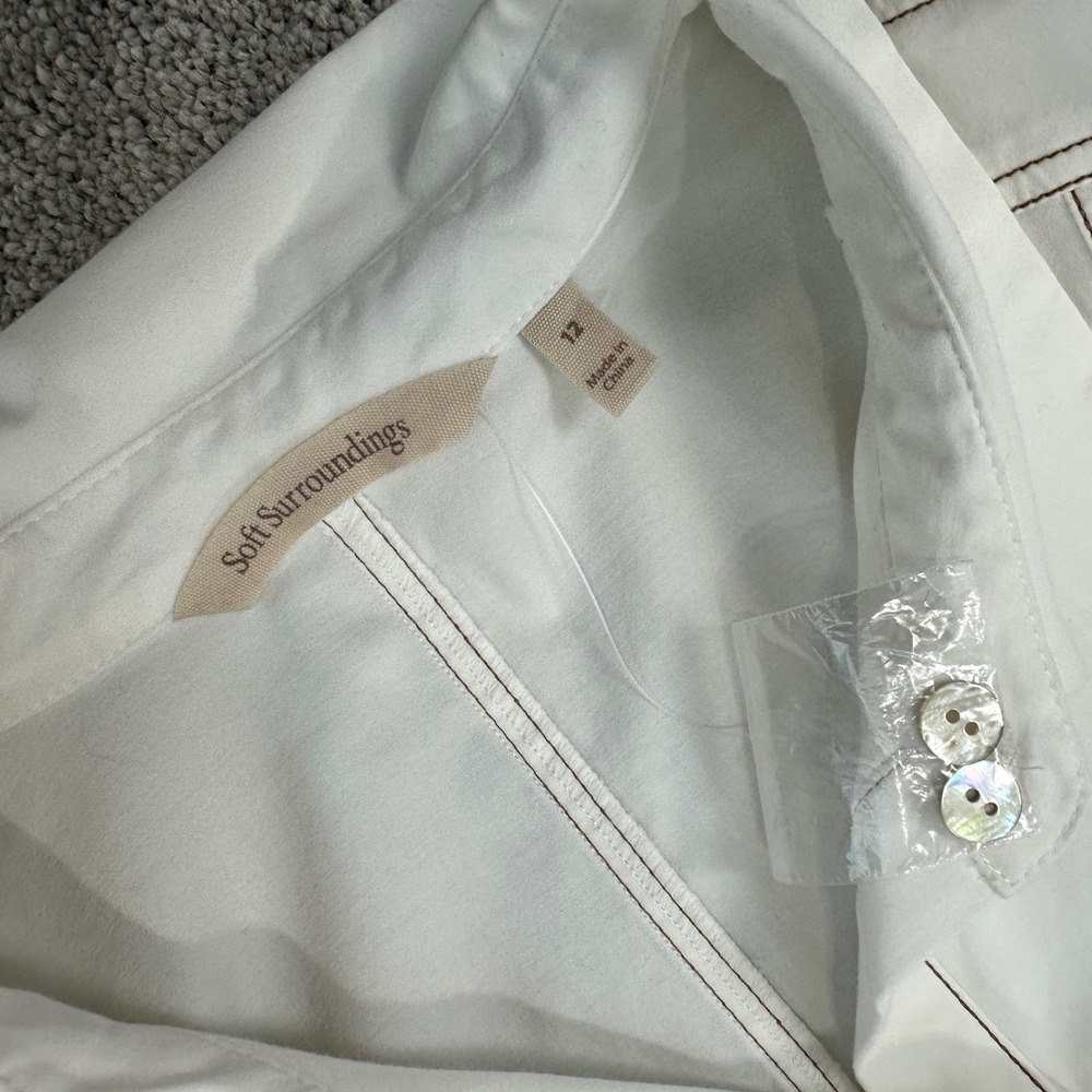 Soft Surroundings Shirtdress Womens 12 White Contrast Stitch Puff Sleeve - Picture 3 of 5
